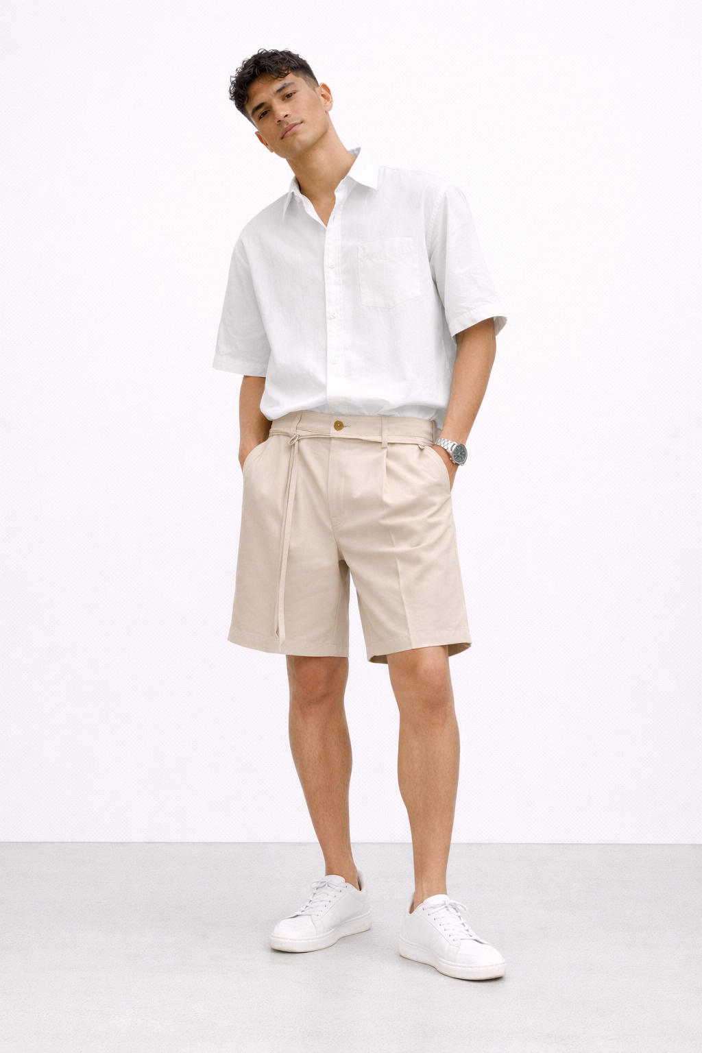 Pleated Tie-Belt Tailored Shorts